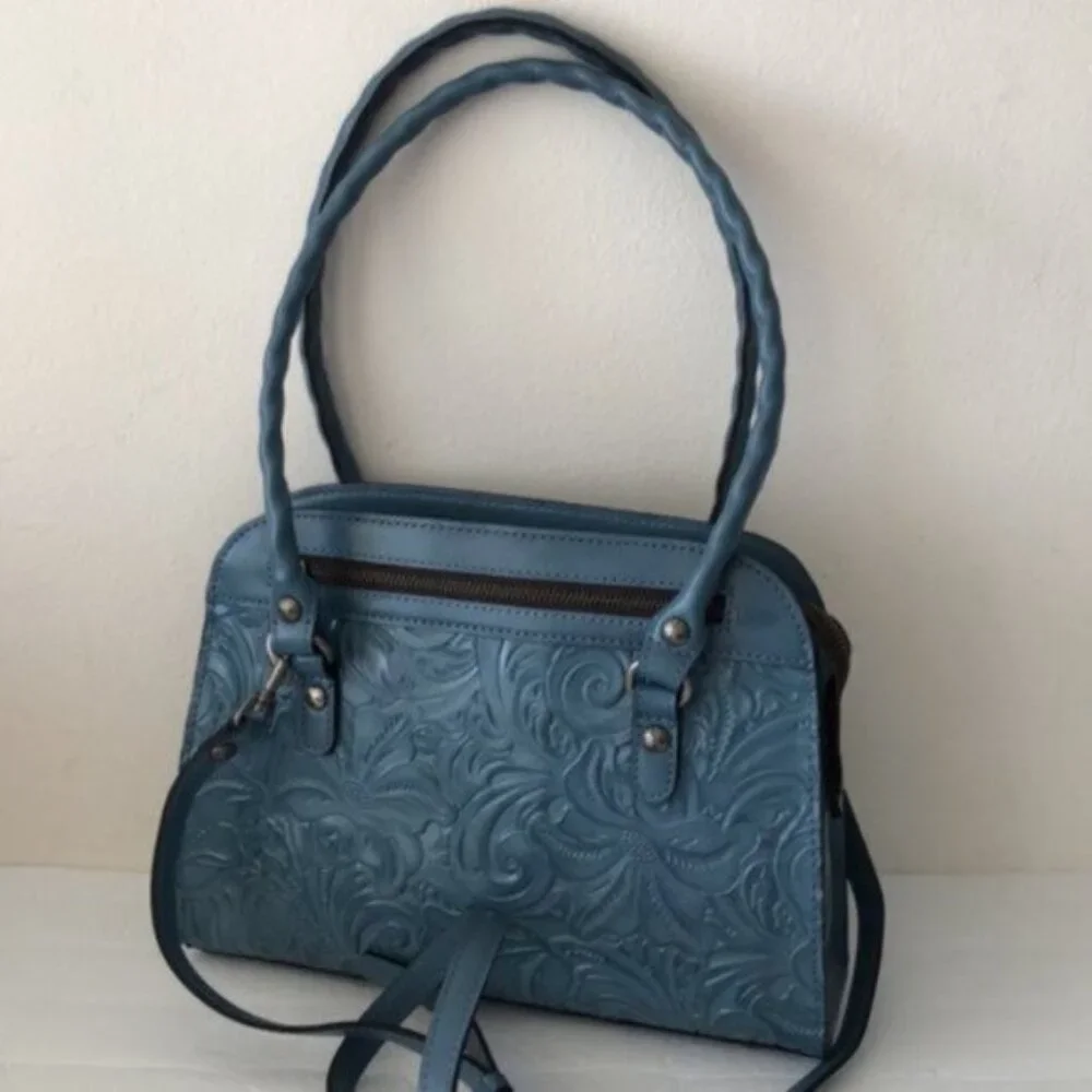PATRICIA NASH LEATHER CALVI TOOLED FLORAL SATCHEL CROSSBODY SAFFLOWER BLUE